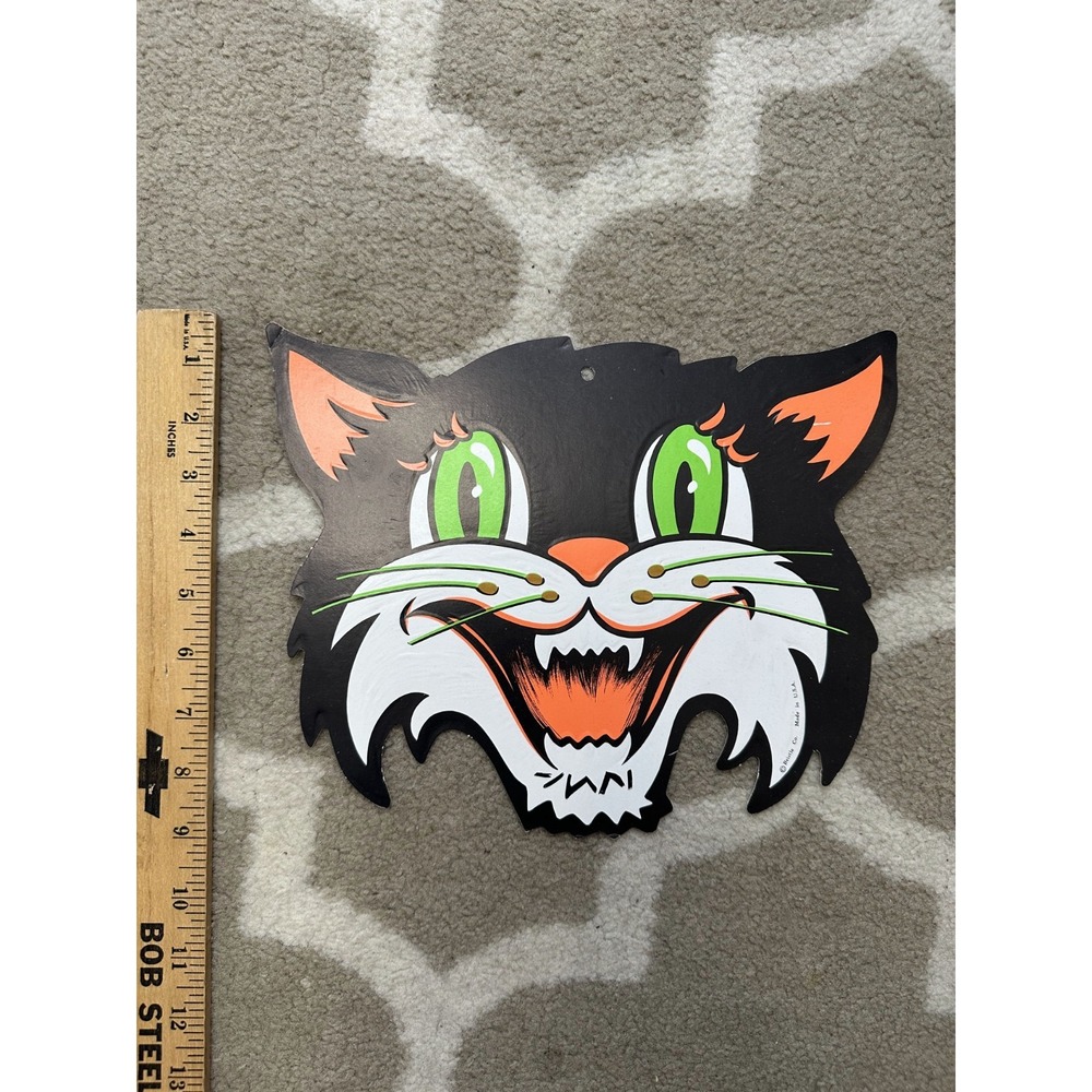 Vintage Beistle Embossed Black Cat Whiskers Die Cut Hanging Halloween Decoration